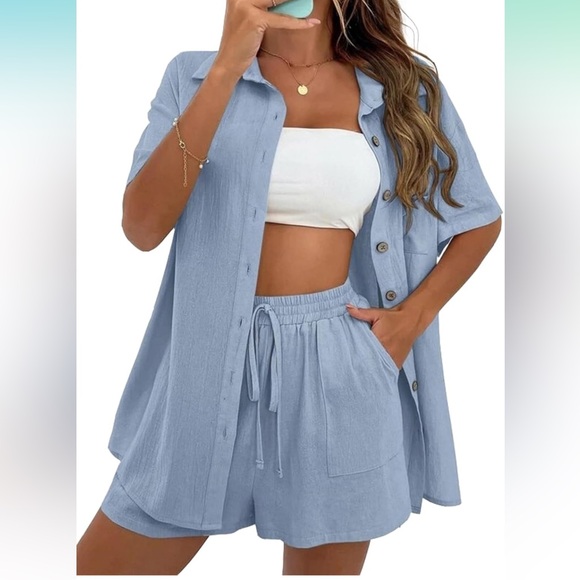 *Free* Shein Dropped Shoulder Pocket Patched Shirt Blue Top - Picture 12 of 13